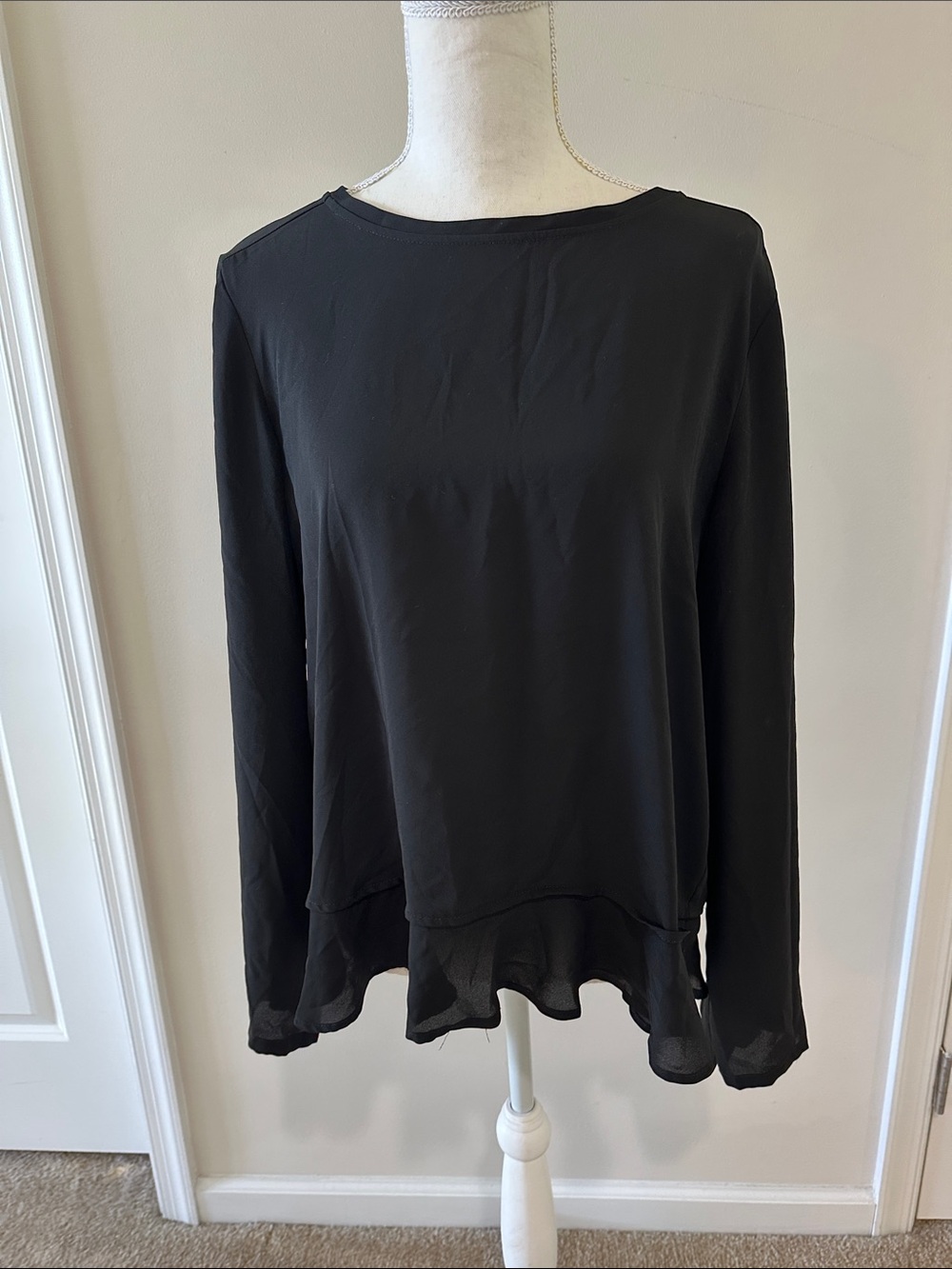 LOFT Black Long-Sleeve Layered-Hem Blouse